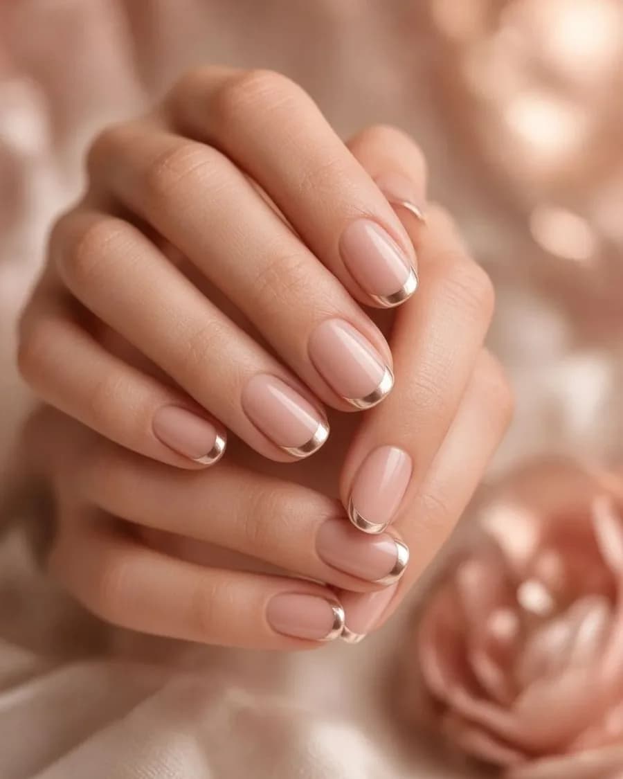 Soft nude gel manicure with subtle chrome tip